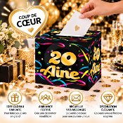 Urne Anniversaire 20 Ans – Boîte à Cartes et Enveloppes Noire et Dorée 20 x 20 cm