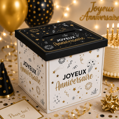 Urne Joyeux Anniversaire noir et or – Boîte à cartes 20 x 20 cm