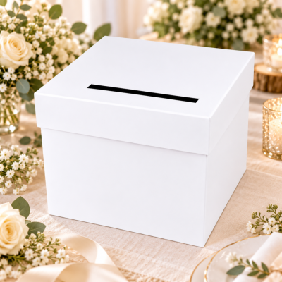 Urne Mariage Blanche Simple – Boîte à Cartes et Enveloppes 23 x 20,5 x 20,5 cm
