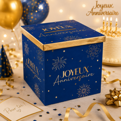 Urne Joyeux Anniversaire bleu et or – Boîte à cartes 20 x 20 cm