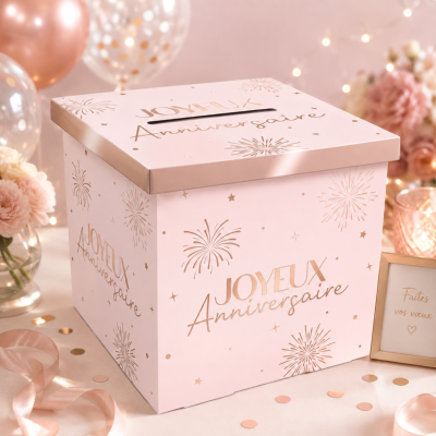 Urne Joyeux Anniversaire Party Blush rose et or – 20 x 20 cm