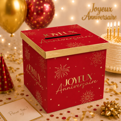 Urne Joyeux Anniversaire Party Rouge et Or – 20 x 20 cm
