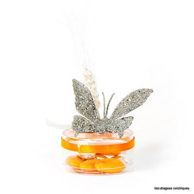 Bonbonniere à dragees sujet papillon sur boite ronde plastique