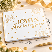 Livre d’Or Anniversaire Joyeux Anniversaire – Blanc et Or Festif 21,5 x 16 cm