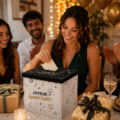 Urne Joyeux Anniversaire noir et or – Boîte à cartes 20 x 20 cm