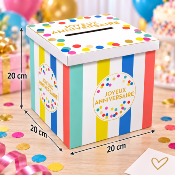 Urne Joyeux Anniversaire colorée – Boîte à cartes et enveloppes 20 x 20 cm