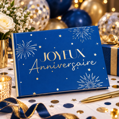 Livre d’Or Anniversaire Joyeux Anniversaire – Bleu et Or Festif 21,5 x 16 cm