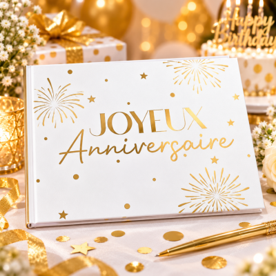 Livre d’Or Anniversaire Joyeux Anniversaire – Blanc et Or Festif 21,5 x 16 cm