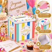 Urne Joyeux Anniversaire colorée – Boîte à cartes et enveloppes 20 x 20 cm