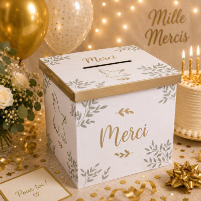Urne Mariage Merci avec colombes – Boîte à cartes 20 x 20 cm