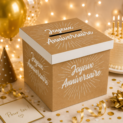 Urne Joyeux Anniversaire kraft – Boîte à cartes 20 x 20 cm