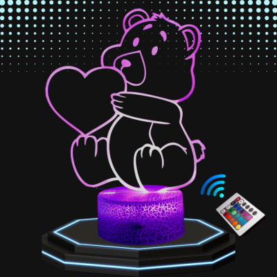 Lampe de chevet LED 3D - Animal Ourson coeur | Veilleuse Enfant, Décoration Chambre, Cadeau Personnalisé Anniversaire et Noël