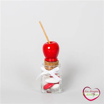 Contenant à dragées déco pomme d' amour sur pot en verre carre