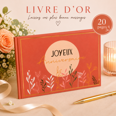 Livre d’Or Anniversaire Joyeux Anniversaire – Terracotta et Motifs Floraux 21,5 x 16 cm
