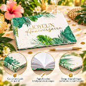 Livre d’Or Anniversaire Joyeux Anniversaire – Tropical Exotique Vert et Or 21,5 x 16 cm