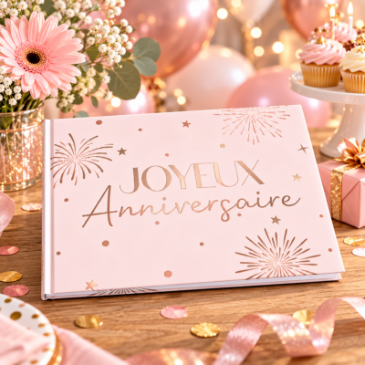 Livre d’Or Anniversaire Joyeux Anniversaire – Rose Blush et Or 21,5 x 16 cm