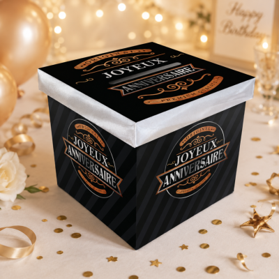 Urne Joyeux Anniversaire originale noir et or – Boîte à cartes 20 x 20 cm
