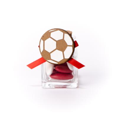 Bonbonnière à dragées decoration football sur pot verre carré
