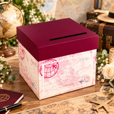 Urne Mariage Thème Voyage – Boîte à Cartes et Enveloppes 23 x 20,5 x 20,5 cm