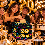 Urne Anniversaire 20 Ans – Boîte à Cartes et Enveloppes Noire et Dorée 20 x 20 cm