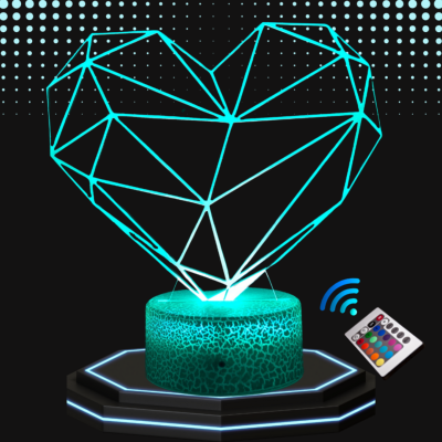 Lampe de chevet 3d personnalisée à led -  Coeur hologramme | Veilleuse Enfant, Décoration Chambre, Cadeau Personnalisé Anniversaire et Noël