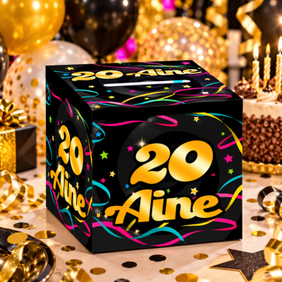 Urne Anniversaire 20 Ans – Boîte à Cartes et Enveloppes Noire et Dorée 20 x 20 cm