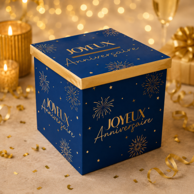 Urne Joyeux Anniversaire bleu et or – Boîte à cartes 20 x 20 cm
