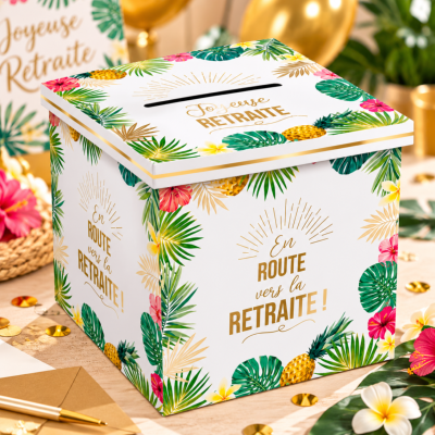 Urne Départ à la Retraite Exotique – Boîte à Cartes et Enveloppes 20 x 20 cm