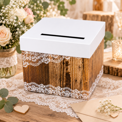 Urne Mariage Bohème Chic Dentelle – Boîte à Cartes et Enveloppes 23 x 20,5 x 20,5 cm