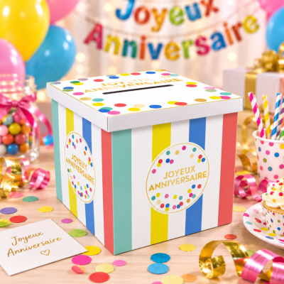 Urne Joyeux Anniversaire colorée – Boîte à cartes et enveloppes 20 x 20 cm