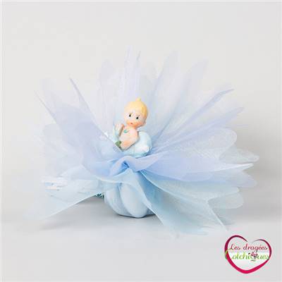 Ballotin dragées avec figurine bebe voiture sur double tulle