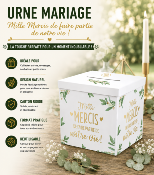 Urne Mariage Mille Mercis blanc et or – Boîte à cartes 20 x 20 cm