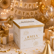 Urne Joyeux Anniversaire Party Dorée blanc et or – 20 x 20 cm