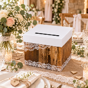 Urne Mariage Bohème Chic Dentelle – Boîte à Cartes et Enveloppes 23 x 20,5 x 20,5 cm