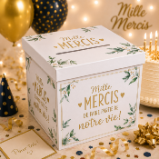 Urne Mariage Mille Mercis blanc et or – Boîte à cartes 20 x 20 cm