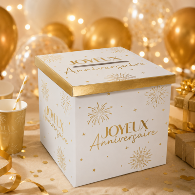Urne Joyeux Anniversaire Party Dorée blanc et or – 20 x 20 cm