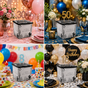 Urne Joyeux Anniversaire argent et noir – Boîte à cartes 20 x 20 cm