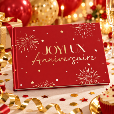 Livre d’Or Anniversaire Joyeux Anniversaire – Rouge et Or Festif 21,5 x 16 cm