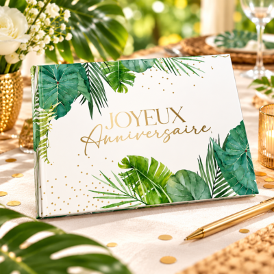 Livre d’Or Anniversaire Joyeux Anniversaire – Tropical Exotique Vert et Or 21,5 x 16 cm