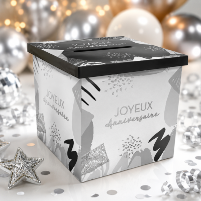 Urne Joyeux Anniversaire argent et noir – Boîte à cartes 20 x 20 cm