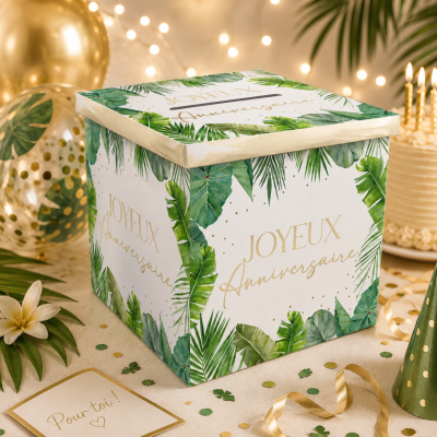 Urne Joyeux Anniversaire Tropicale – Boîte à cartes 20 x 20 cm